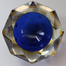 Load image into Gallery viewer, 1960s MURANO Shallow Round Glass Bowl. Vintage Sommerso Geode Blue, Yellow and Clear Bowl
