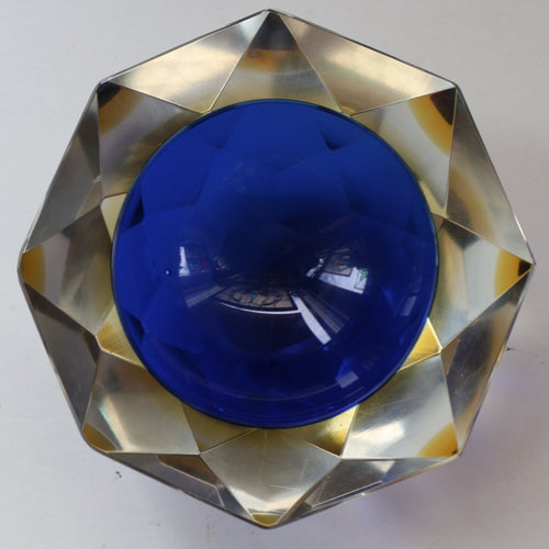 1960s MURANO Shallow Round Glass Bowl. Vintage Sommerso Geode Blue, Yellow and Clear Bowl