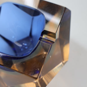 1960s MURANO Glass Bowl. Vintage Sommerso Geode Blue and Clear Glass Chunky Bowl