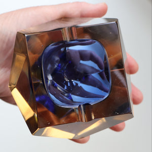 1960s MURANO Glass Bowl. Vintage Sommerso Geode Blue and Clear Glass Chunky Bowl