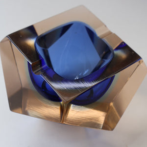1960s MURANO Glass Bowl. Vintage Sommerso Geode Blue and Clear Glass Chunky Bowl