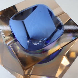 1960s MURANO Glass Bowl. Vintage Sommerso Geode Blue and Clear Glass Chunky Bowl