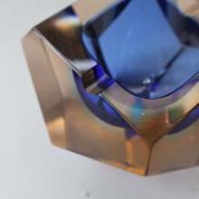 Load image into Gallery viewer, 1960s MURANO Glass Bowl. Vintage Sommerso Geode Blue and Clear Glass Chunky Bowl
