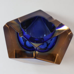 1960s MURANO Glass Bowl. Vintage Sommerso Geode Blue and Clear Glass Chunky Bowl