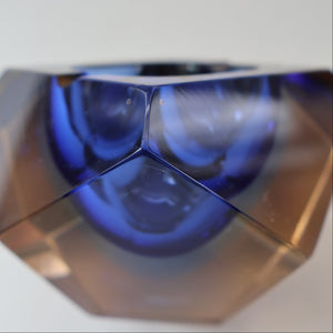 1960s MURANO Glass Bowl. Vintage Sommerso Geode Blue and Clear Glass Chunky Bowl