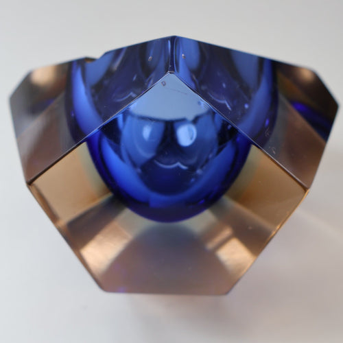 1960s MURANO Glass Bowl. Vintage Sommerso Geode Blue and Clear Glass Chunky Bowl