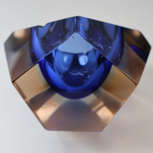 1960s MURANO Glass Bowl. Vintage Sommerso Geode Blue and Clear Glass Chunky Bowl