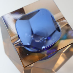 1960s MURANO Glass Bowl. Vintage Sommerso Geode Blue and Clear Glass Chunky Bowl