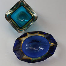 Load image into Gallery viewer, 1960s MURANO Little Square Glass Bowl. Vintage Sommerso Geode Blue Interior Cased in Clear
