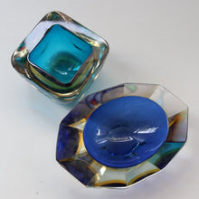 Load image into Gallery viewer, 1960s MURANO Oval Glass Bowl. Vintage Sommerso Geode Blue, Yellow and Clear Bowl
