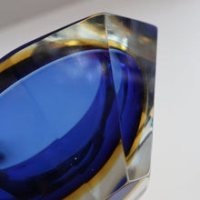 Load image into Gallery viewer, 1960s MURANO Oval Glass Bowl. Vintage Sommerso Geode Blue, Yellow and Clear Bowl
