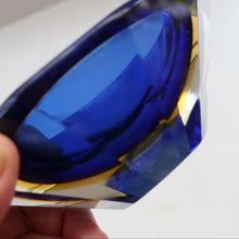 Load image into Gallery viewer, 1960s MURANO Oval Glass Bowl. Vintage Sommerso Geode Blue, Yellow and Clear Bowl
