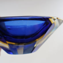 Load image into Gallery viewer, 1960s MURANO Oval Glass Bowl. Vintage Sommerso Geode Blue, Yellow and Clear Bowl
