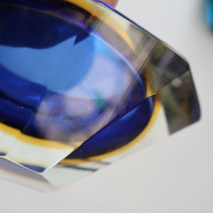 1960s MURANO Oval Glass Bowl. Vintage Sommerso Geode Blue, Yellow and Clear Bowl