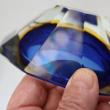 Load image into Gallery viewer, 1960s MURANO Oval Glass Bowl. Vintage Sommerso Geode Blue, Yellow and Clear Bowl
