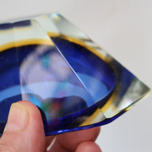 Load image into Gallery viewer, 1960s MURANO Oval Glass Bowl. Vintage Sommerso Geode Blue, Yellow and Clear Bowl
