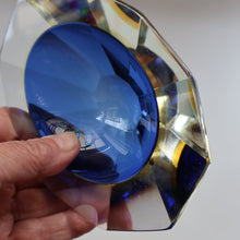 Load image into Gallery viewer, 1960s MURANO Oval Glass Bowl. Vintage Sommerso Geode Blue, Yellow and Clear Bowl
