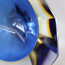Load image into Gallery viewer, 1960s MURANO Oval Glass Bowl. Vintage Sommerso Geode Blue, Yellow and Clear Bowl
