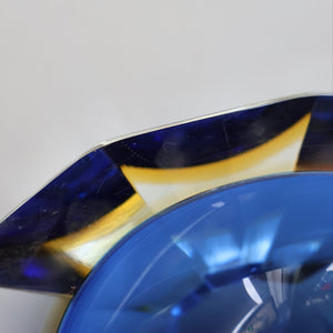 1960s MURANO Oval Glass Bowl. Vintage Sommerso Geode Blue, Yellow and Clear Bowl