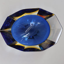 Load image into Gallery viewer, 1960s MURANO Oval Glass Bowl. Vintage Sommerso Geode Blue, Yellow and Clear Bowl
