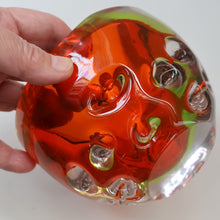 Load image into Gallery viewer, FERRO GALLIANO: 1960s MURANO Chunky Glass Bowl. Vintage Sommerso Geode Red, Yellow and Clear Glass with Dimples
