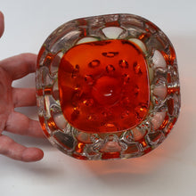 Load image into Gallery viewer, FERRO GALLIANO: 1960s MURANO Chunky Glass Bowl. Vintage Sommerso Geode Red, Yellow and Clear Glass with Dimples
