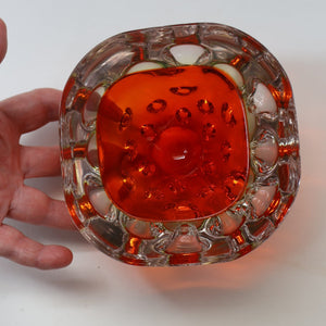 FERRO GALLIANO: 1960s MURANO Chunky Glass Bowl. Vintage Sommerso Geode Red, Yellow and Clear Glass with Dimples