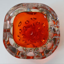 Load image into Gallery viewer, FERRO GALLIANO: 1960s MURANO Chunky Glass Bowl. Vintage Sommerso Geode Red, Yellow and Clear Glass with Dimples

