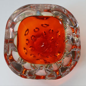 FERRO GALLIANO: 1960s MURANO Chunky Glass Bowl. Vintage Sommerso Geode Red, Yellow and Clear Glass with Dimples