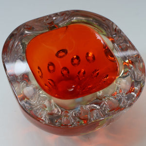 FERRO GALLIANO: 1960s MURANO Chunky Glass Bowl. Vintage Sommerso Geode Red, Yellow and Clear Glass with Dimples