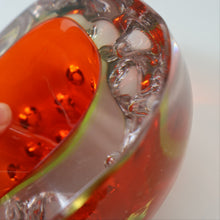Load image into Gallery viewer, FERRO GALLIANO: 1960s MURANO Chunky Glass Bowl. Vintage Sommerso Geode Red, Yellow and Clear Glass with Dimples
