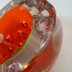 FERRO GALLIANO: 1960s MURANO Chunky Glass Bowl. Vintage Sommerso Geode Red, Yellow and Clear Glass with Dimples