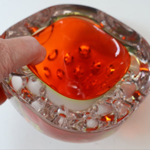 FERRO GALLIANO: 1960s MURANO Chunky Glass Bowl. Vintage Sommerso Geode Red, Yellow and Clear Glass with Dimples