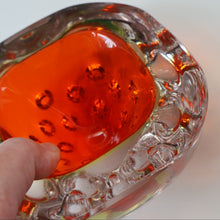 Load image into Gallery viewer, FERRO GALLIANO: 1960s MURANO Chunky Glass Bowl. Vintage Sommerso Geode Red, Yellow and Clear Glass with Dimples
