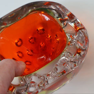 FERRO GALLIANO: 1960s MURANO Chunky Glass Bowl. Vintage Sommerso Geode Red, Yellow and Clear Glass with Dimples