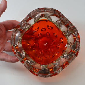 FERRO GALLIANO: 1960s MURANO Chunky Glass Bowl. Vintage Sommerso Geode Red, Yellow and Clear Glass with Dimples