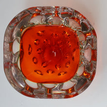 Load image into Gallery viewer, FERRO GALLIANO: 1960s MURANO Chunky Glass Bowl. Vintage Sommerso Geode Red, Yellow and Clear Glass with Dimples
