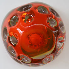 Load image into Gallery viewer, FERRO GALLIANO: 1960s MURANO Chunky Glass Bowl. Vintage Sommerso Geode Red, Yellow and Clear Glass with Dimples
