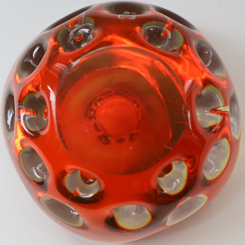 FERRO GALLIANO: 1960s MURANO Chunky Glass Bowl. Vintage Sommerso Geode Red, Yellow and Clear Glass with Dimples