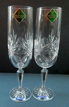 Load image into Gallery viewer, BOXED. Vintage Edinburgh Crystal PAIR of Tall CHAMPAGNE Flute Glasses. Rarer NESS Pattern.   8 1/4 inches
