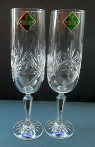 BOXED. Vintage Edinburgh Crystal PAIR of Tall CHAMPAGNE Flute Glasses. Rarer NESS Pattern.   8 1/4 inches