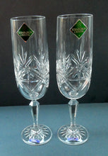 Load image into Gallery viewer, BOXED. Vintage Edinburgh Crystal PAIR of Tall CHAMPAGNE Flute Glasses. Rarer NESS Pattern.   8 1/4 inches
