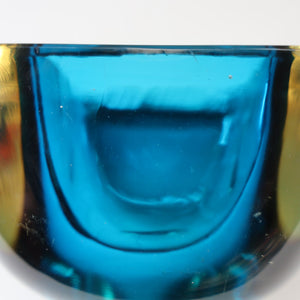 1960s MURANO Little Square Glass Bowl. Vintage Sommerso Geode Blue Interior Cased in Clear
