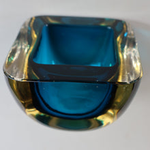 Load image into Gallery viewer, 1960s MURANO Little Square Glass Bowl. Vintage Sommerso Geode Blue Interior Cased in Clear
