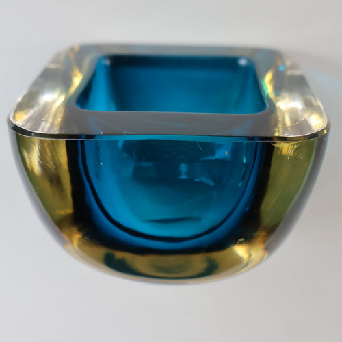 1960s MURANO Little Square Glass Bowl. Vintage Sommerso Geode Blue Interior Cased in Clear