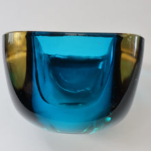 Load image into Gallery viewer, 1960s MURANO Little Square Glass Bowl. Vintage Sommerso Geode Blue Interior Cased in Clear
