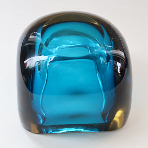 1960s MURANO Little Square Glass Bowl. Vintage Sommerso Geode Blue Interior Cased in Clear