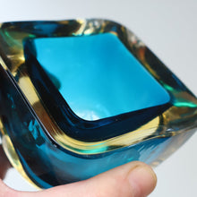 Load image into Gallery viewer, 1960s MURANO Little Square Glass Bowl. Vintage Sommerso Geode Blue Interior Cased in Clear
