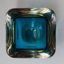 Load image into Gallery viewer, 1960s MURANO Little Square Glass Bowl. Vintage Sommerso Geode Blue Interior Cased in Clear

