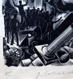 SCOTTISH ART. Rare Original 1947 Wood Engraving by Jozef Sekalski. Design for a Christmas Card Entitled "Boogie Woogie". Pencil Signed